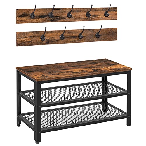 Entryway Hall Tree with Storage Bench and 9 Coat Hooks - Rustic Brown