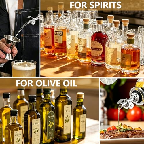 Silver 3 Pack Oil & Liquor Pour Spouts with Adapters, Auto Flip, Leak-Proof