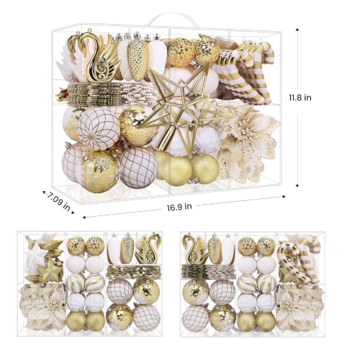 Christmas Balls Ornaments Set - White and Gold, 128pcs Holiday Decorations with Hanging Lanyards