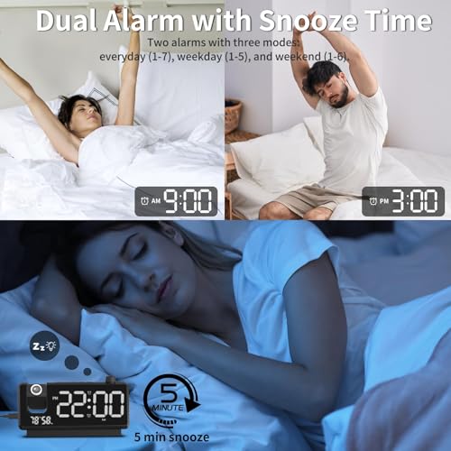 Projection Alarm Clock with Mirror Display, 180° Projector & Dual Alarms