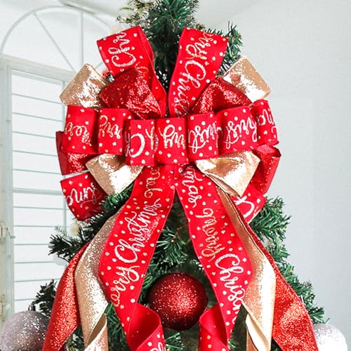 Large Red Christmas Tree Topper Bow - 45x12 Inch Wired Holiday Wreath Bow