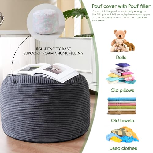 Round Plush Storage Pouf Ottoman - 20x15 Inch Floor Footrest, Dark Grey