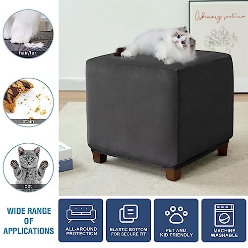 Small Square Velvet Ottoman Cover - Stretch Footrest Protector, Black