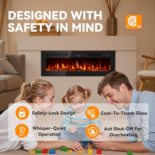 50-Inch Ultra-Thin Electric Fireplace Heater, Recessed Wall Mounted
