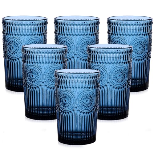 13oz Vintage Flower Drinking Glasses Set with Straws - 6 Piece Blue Glassware