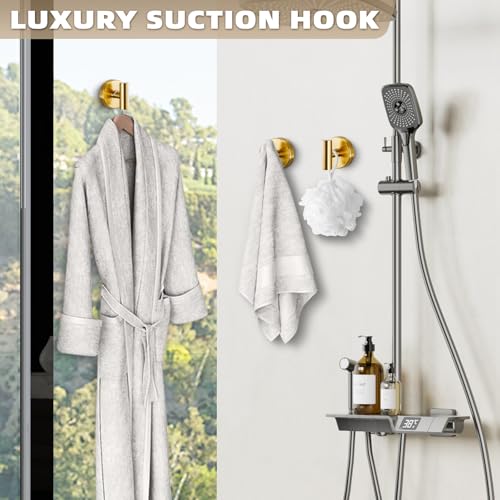 Heavy Duty Suction Cup Hooks for Bathroom & Kitchen - Brushed Gold, 2 Pack