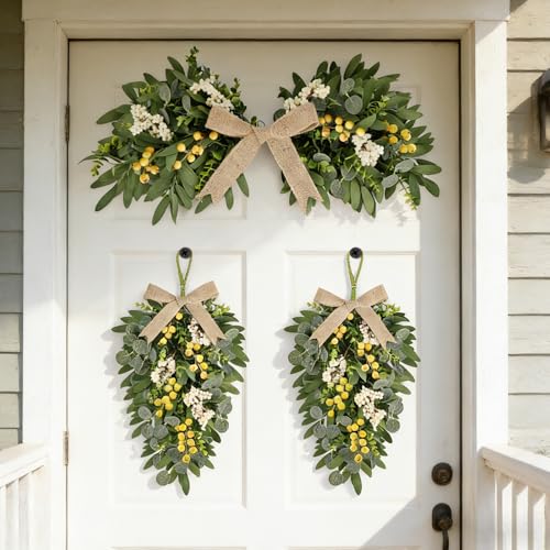 3-Piece Artificial Eucalyptus and Olive Leaf Teardrop Swag Set with Linen Bows