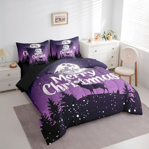 Merry Christmas 7-Piece Comforter Set Full - Erosebridal Deer Elk Bedding Purple