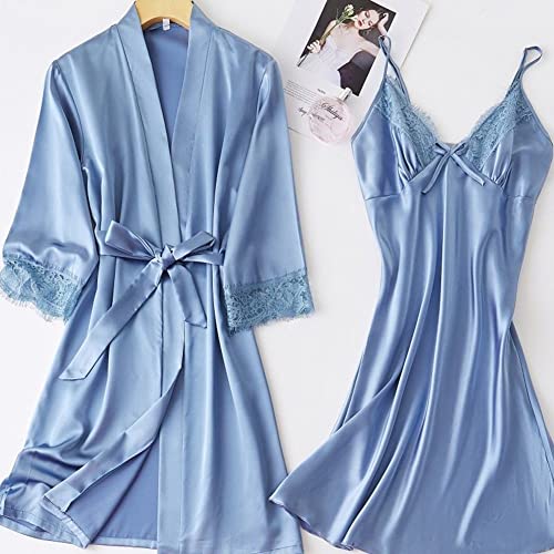 Women's Satin Kimono Robe & Pajama Set - Soft Silk Loungewear Bathrobe