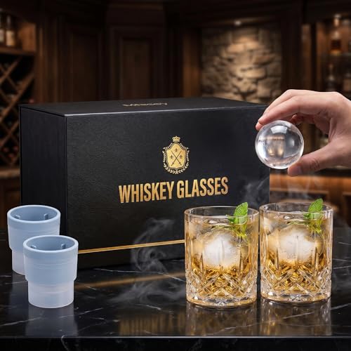 Old Fashioned Whiskey Glass Set of 4 with Ice Ball Molds - 11 Oz Rocks Glasses