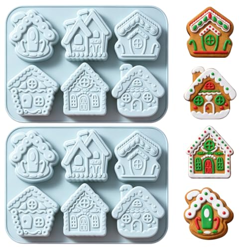 Vrthske Christmas Gingerbread House Silicone Molds Set of 2, 6-Cavity, Blue-R0323