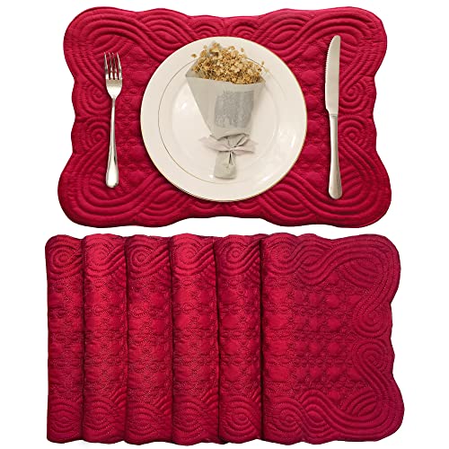 Loom and Mill Christmas Quilted Table Placemats Set of 6, 12x18 Inch, Rectangular Red