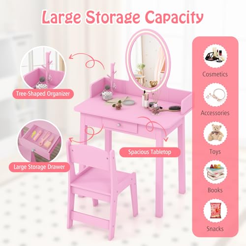 Kids Vanity Set with Lighted Mirror and Chair, 2-in-1 Toddler Makeup Table