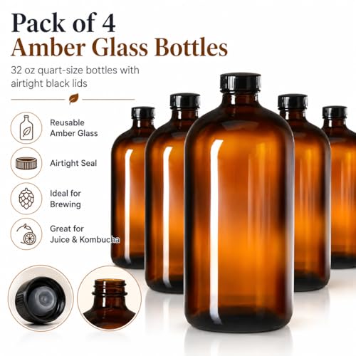 32oz Amber Glass Bottles with Airtight Lids for Home Brewing, Pack of 4