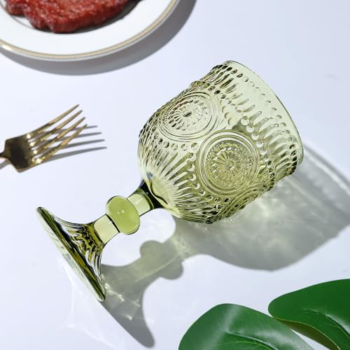 Vintage Sunflower Embossed Wine Goblets - 12 oz Green Stemmed Glassware (Set of 4)