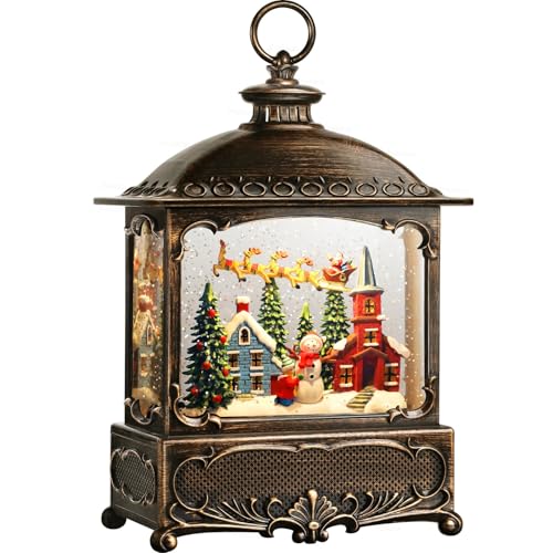 12-Inch Christmas Snow Globe Lantern with Musical Village Scene and Timer
