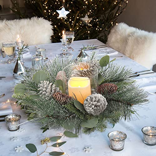 DILATATA 18-Inch Christmas Wreath with Flameless Candles & Glass Holder - Rustic Holiday Centerpiece, Detachable Design, Artificial Evergreen Decor (Variation #2)