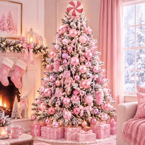 Pink Candy Cane Ornaments Set - Christmas Tree Decorations, 82 Pieces
