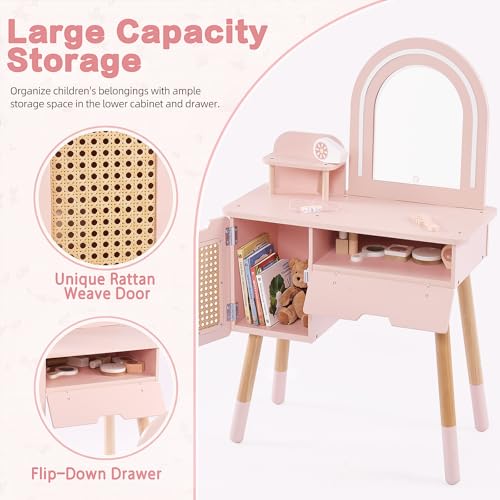 Kids Vanity Set with Lighted Mirror, Pink Toddler Makeup Table and Chair