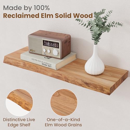 Rustic Live Edge Floating Shelves - Solid Elm Wood Wall Shelves (24 Inch, Set of 2)