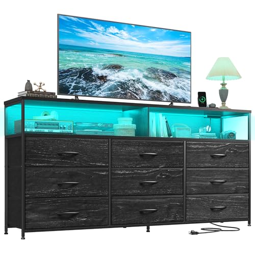 55-Inch 9-Drawer Bedroom Dresser with LED Lights, Power Outlets & TV Stand