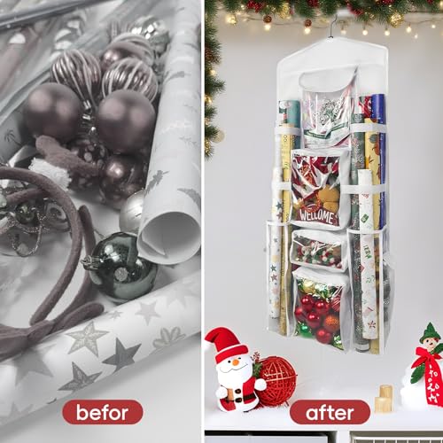 Double-Sided Hanging Wrapping Paper Organizer with Pockets