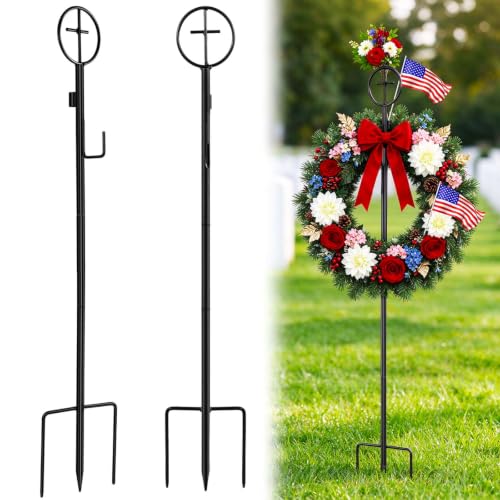 2 Pack Black Wreath Stakes 36-Inch Cemetery Wreath Stand with Cross - Adjustable Height