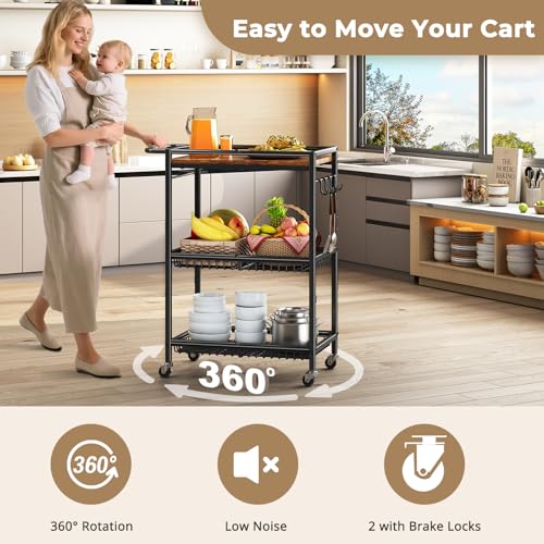 Rolling Kitchen Microwave Cart with Adjustable Shelf and Storage Hooks