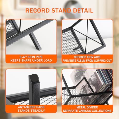 Metal Vinyl Record Storage Holder - 100 LP Album Display Rack, Black