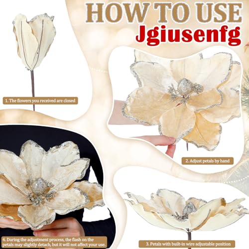 12 Inch Christmas Velvet Magnolia Flowers - Champagne, 8 Pack