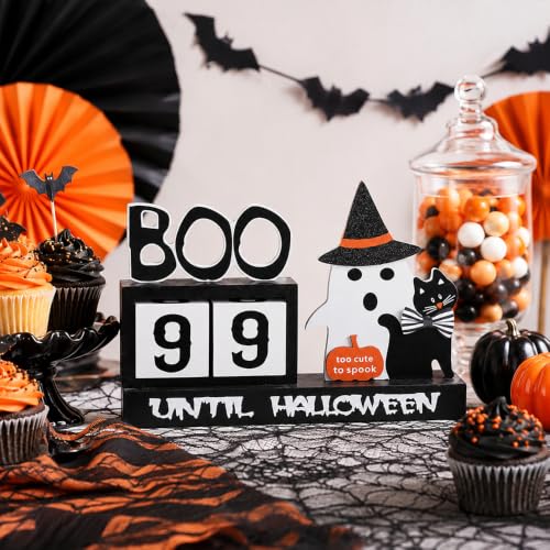 Wooden Halloween Countdown Calendar with Movable Number Blocks & Ghost Decor