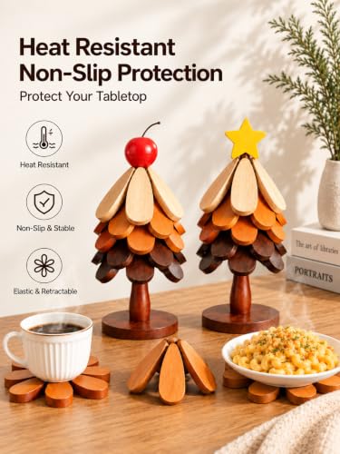 KOWINDA Christmas Tree Coasters Set of 5 with Stand – Foldable Heat-Resistant Trivets (Colorful-star) for Pots & Pans