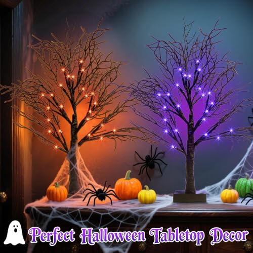 Lighted Black Halloween Trees with Dual-Color LED Lights & Timer - 2 Pack