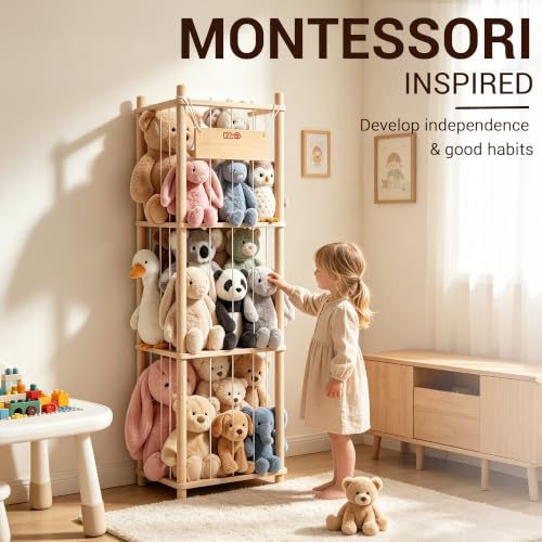 3-Tier Solid Wood Stuffed Animal Storage & Corner Plush Toy Organizer