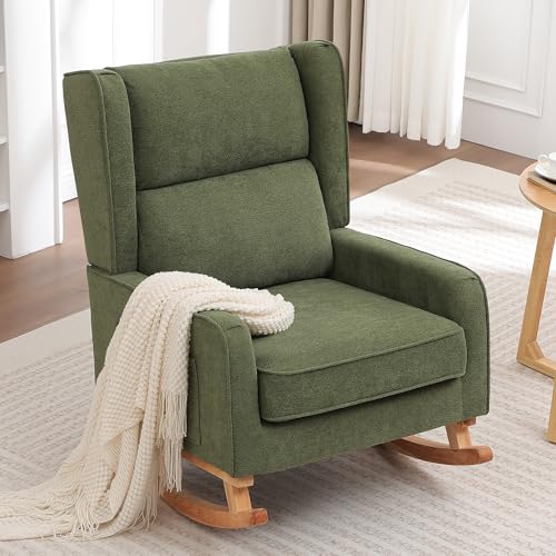 Modern Wingback Nursery Rocking Chair with High Backrest and Side Pocket
