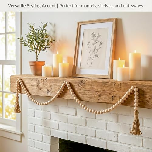 2 Pack Wood Bead Garland with Tassels, 50-Inch Rustic Farmhouse Boho Decor