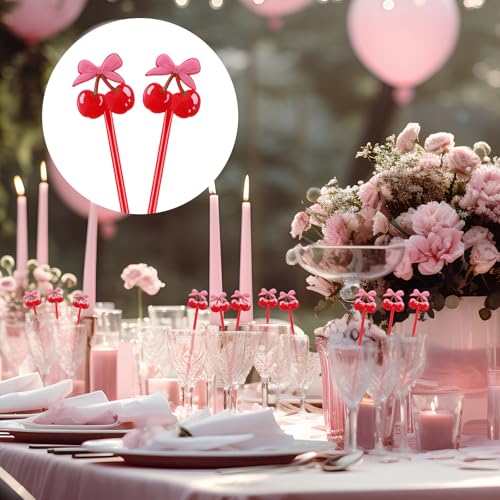 Reallnaive 30 Pcs Cherry Bow Drink Stirrers - 6 Inch Cocktail Picks for Parties