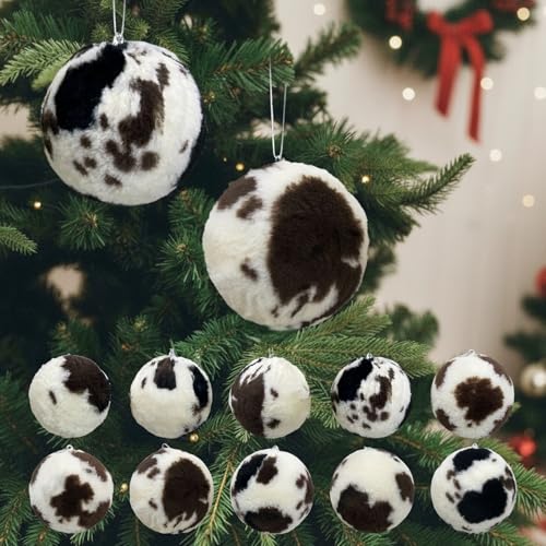ElegantPark Ball Cowhide Christmas Ornaments Set of 10 - 3 inch Farmhouse Xmas Decor, White
