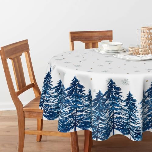 Horaldaily 90-Inch Blue Christmas Round Tablecloth with Pine Tree Snow Design