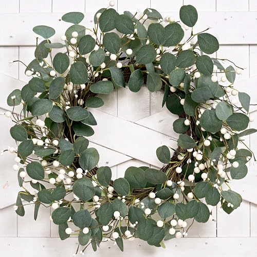 Green Eucalyptus Wreath 22in with White Berries - Front Door Holiday Decor