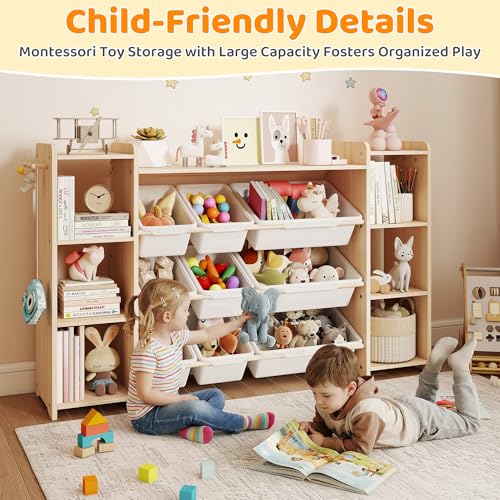 Solid Wood Kids Toy Storage Organizer with Bookshelf, 9 Bins & 6 Hooks