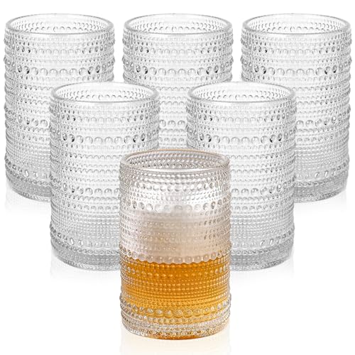 Vintage Hobnail Drinking Glasses Set - 15 oz Embossed Glass Tumblers (6 Pack)