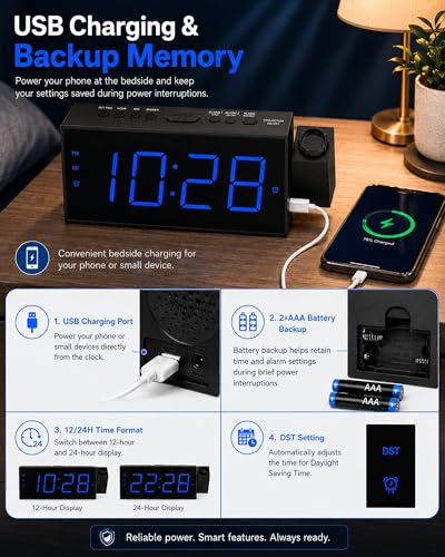 Projection Alarm Clock with 7" Blue LED Display and USB Charging Port
