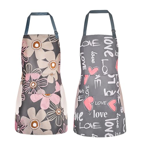 2-Pack Floral Waterproof Aprons with Pocket, Adjustable Kitchen Bib