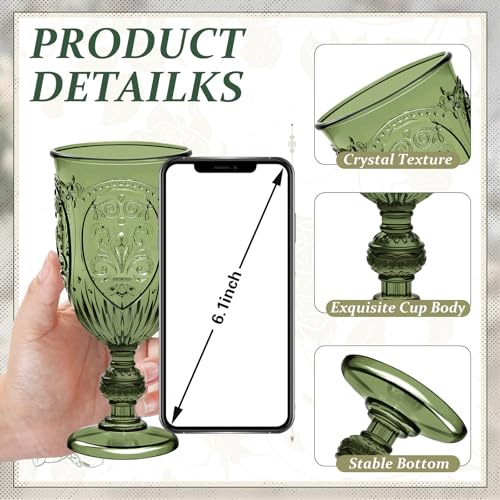 48 Pcs Plastic Vintage Embossed Wine Goblets, 7.5oz Olive Green Stemware