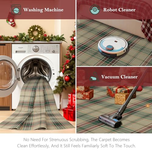 Green Christmas Checkered 5x7 Area Rug - Washable Faux Wool, Non-Slip