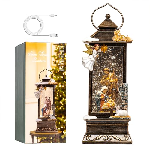 12-Inch Christmas Snow Globe Lantern with Nativity, Angel, Music & LED Light