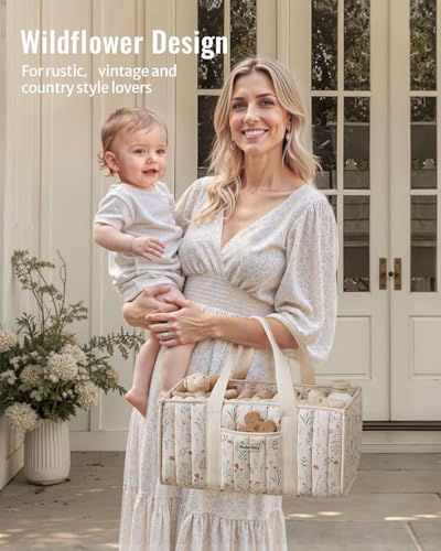 Floral Diaper Caddy Organizer Quilted Nursery Storage Basket Beige