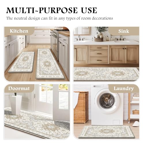 2-Piece Boho Anti-Fatigue Kitchen Mat Set, Waterproof Cushioned Floor Rugs