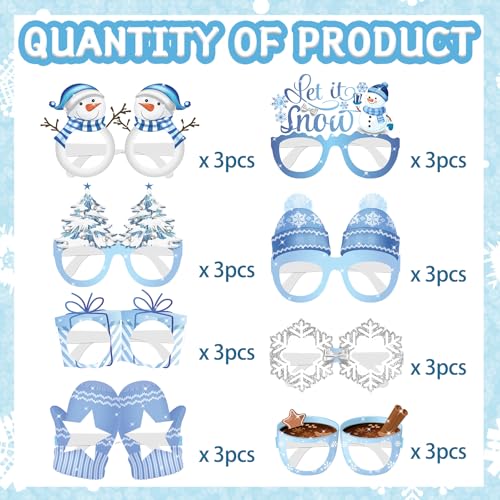 Winter Christmas Photo Booth Props 24 Pcs Snowflake Snowman Eyeglasses Party Decorations